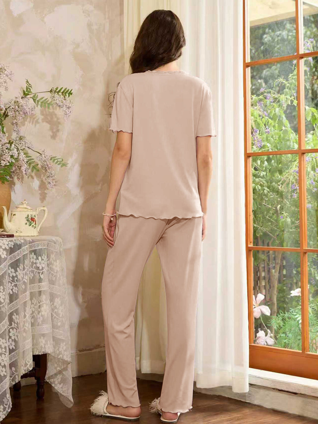 Button Front Wide Leg Loungewear Set - Khaki - 1