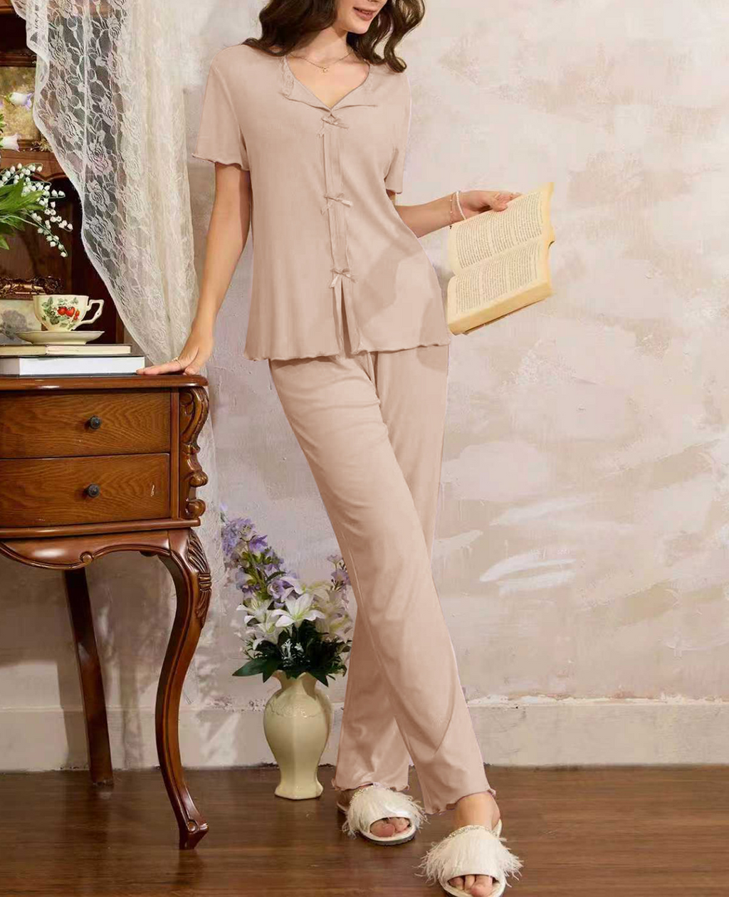 Button Front Wide Leg Loungewear Set - Khaki - 2