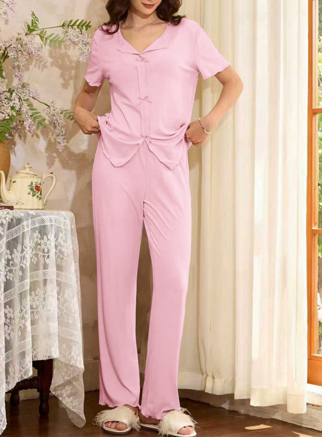Button Front Wide Leg Loungewear Set - Pink