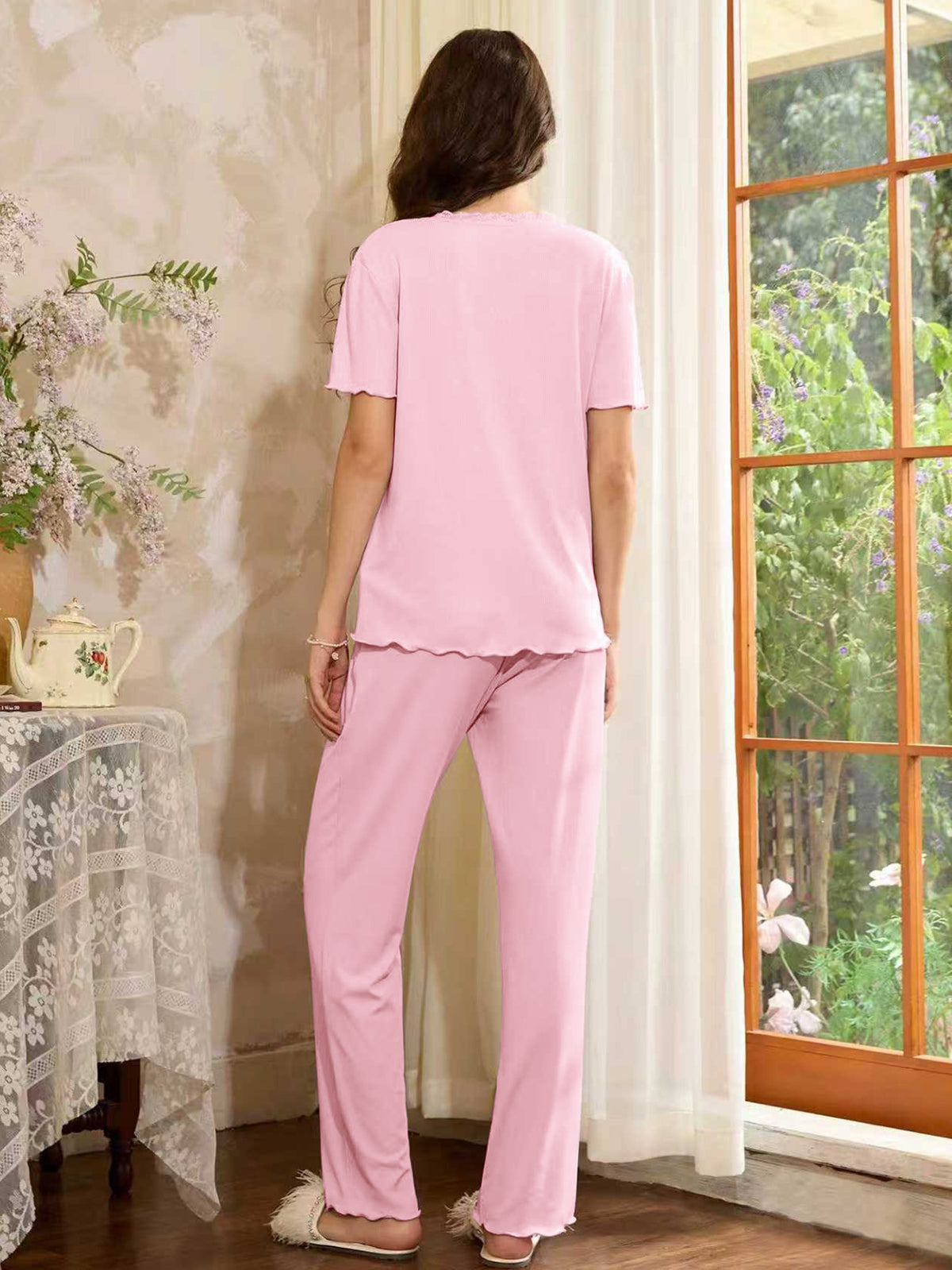 Button Front Wide Leg Loungewear Set - Pink - 2
