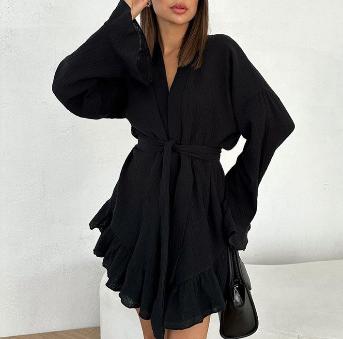 Crinkle Cotton Wrap Robe and Shorts Set - Black