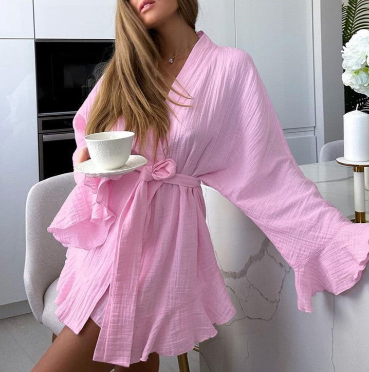 Crinkle Cotton Wrap Robe and Shorts Set - Pink
