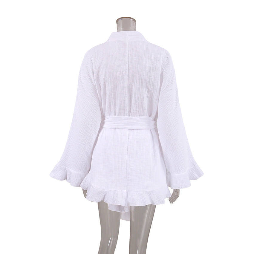 Crinkle Cotton Wrap Robe and Shorts Set - White - 1