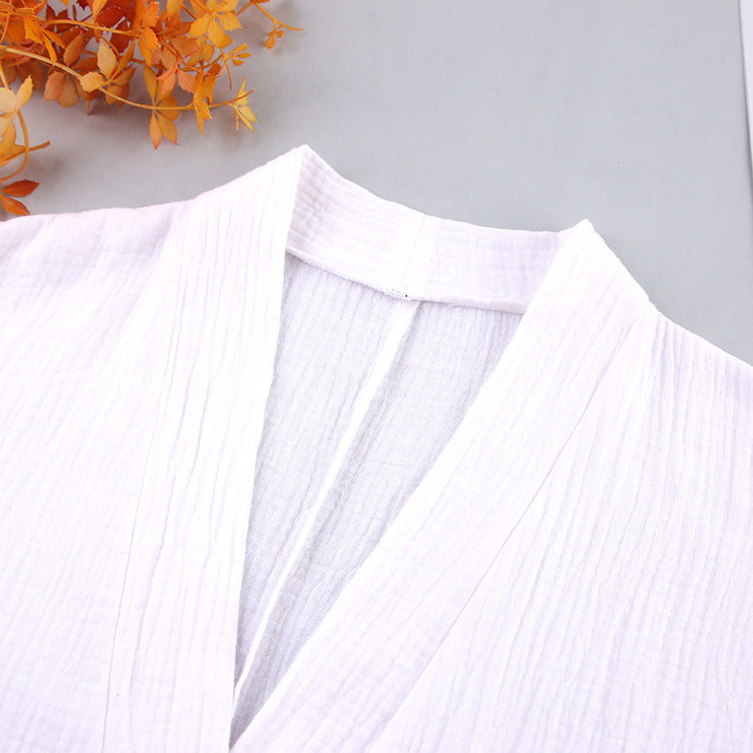 Crinkle Cotton Wrap Robe and Shorts Set - White - 2