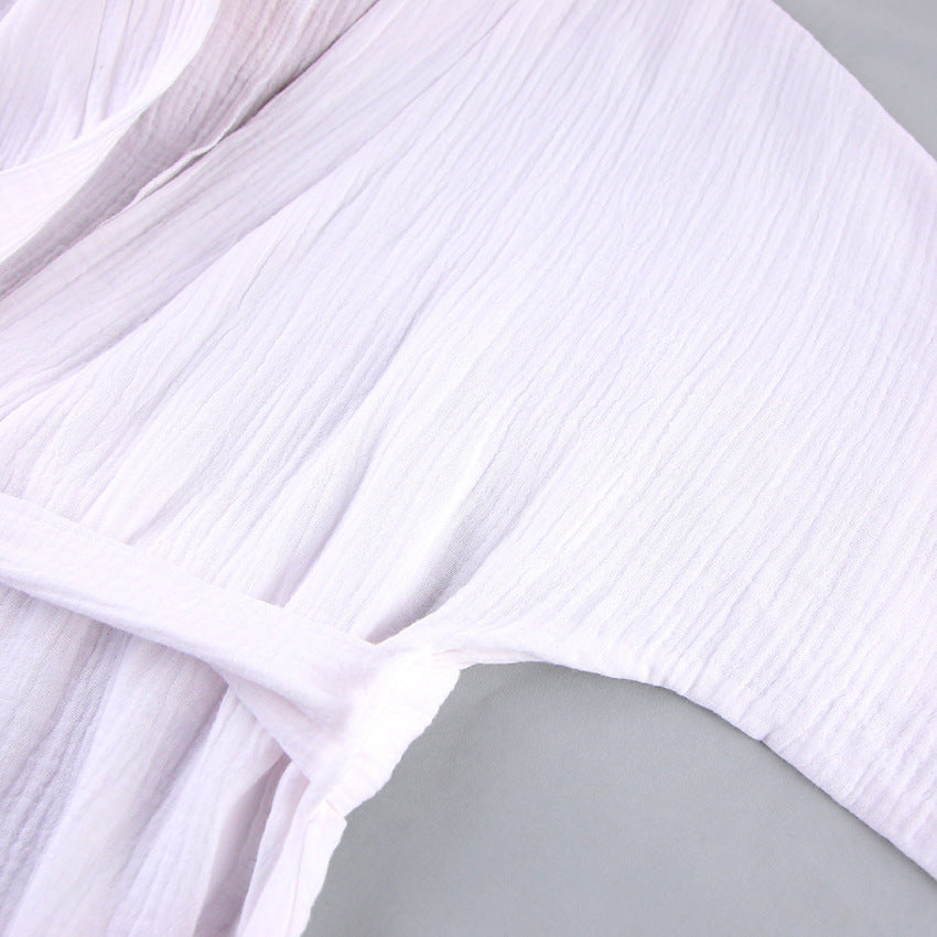Crinkle Cotton Wrap Robe and Shorts Set - White - 3