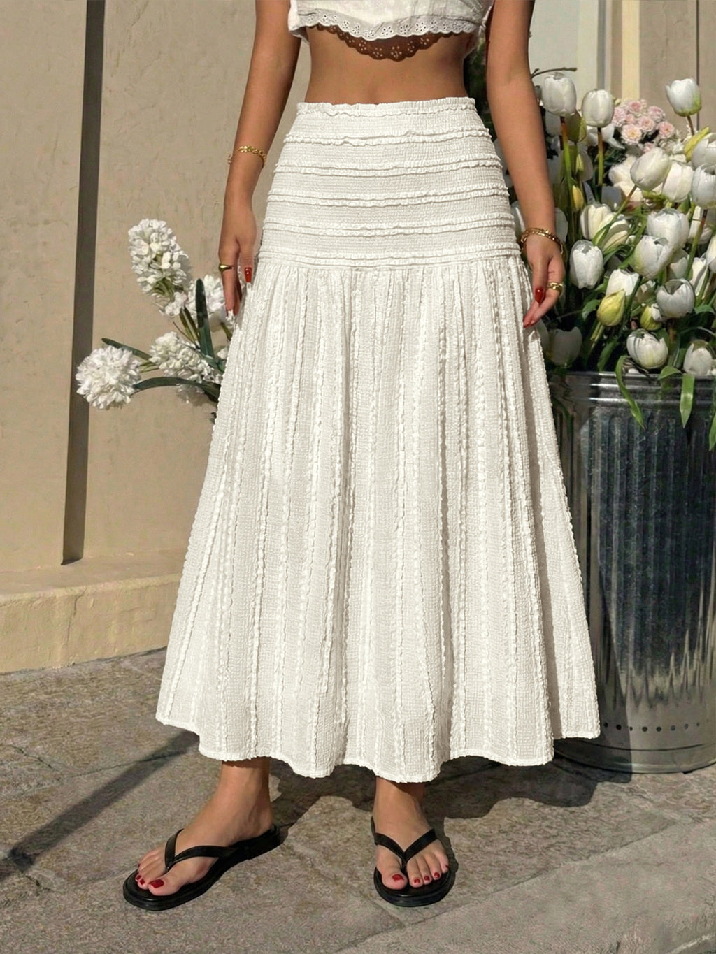 Textured Smocked Waist Tiered Maxi Skirt - OffWhite
