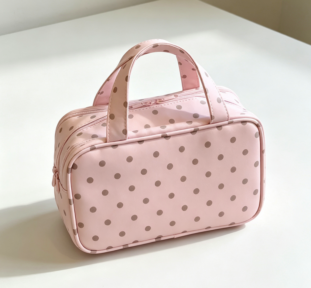 Polka Dot Zip Top Travel Toiletry Bag - Pink