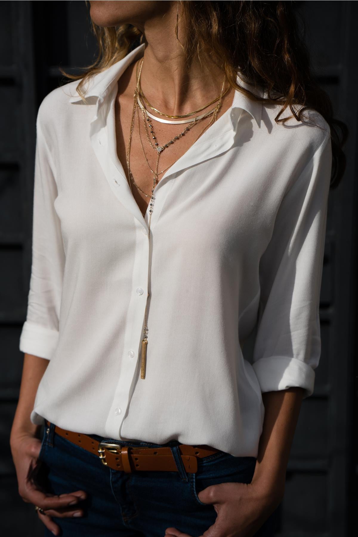 Roll Sleeve Chiffon Button Down Blouse - White