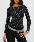 Polka Dot Open Back Long Sleeve Blouse - Black