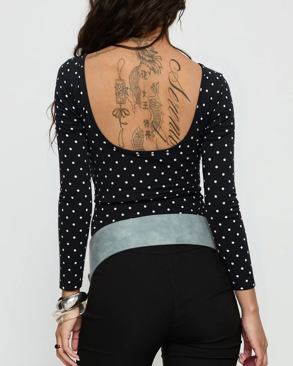 Polka Dot Open Back Long Sleeve Blouse - Black - 1