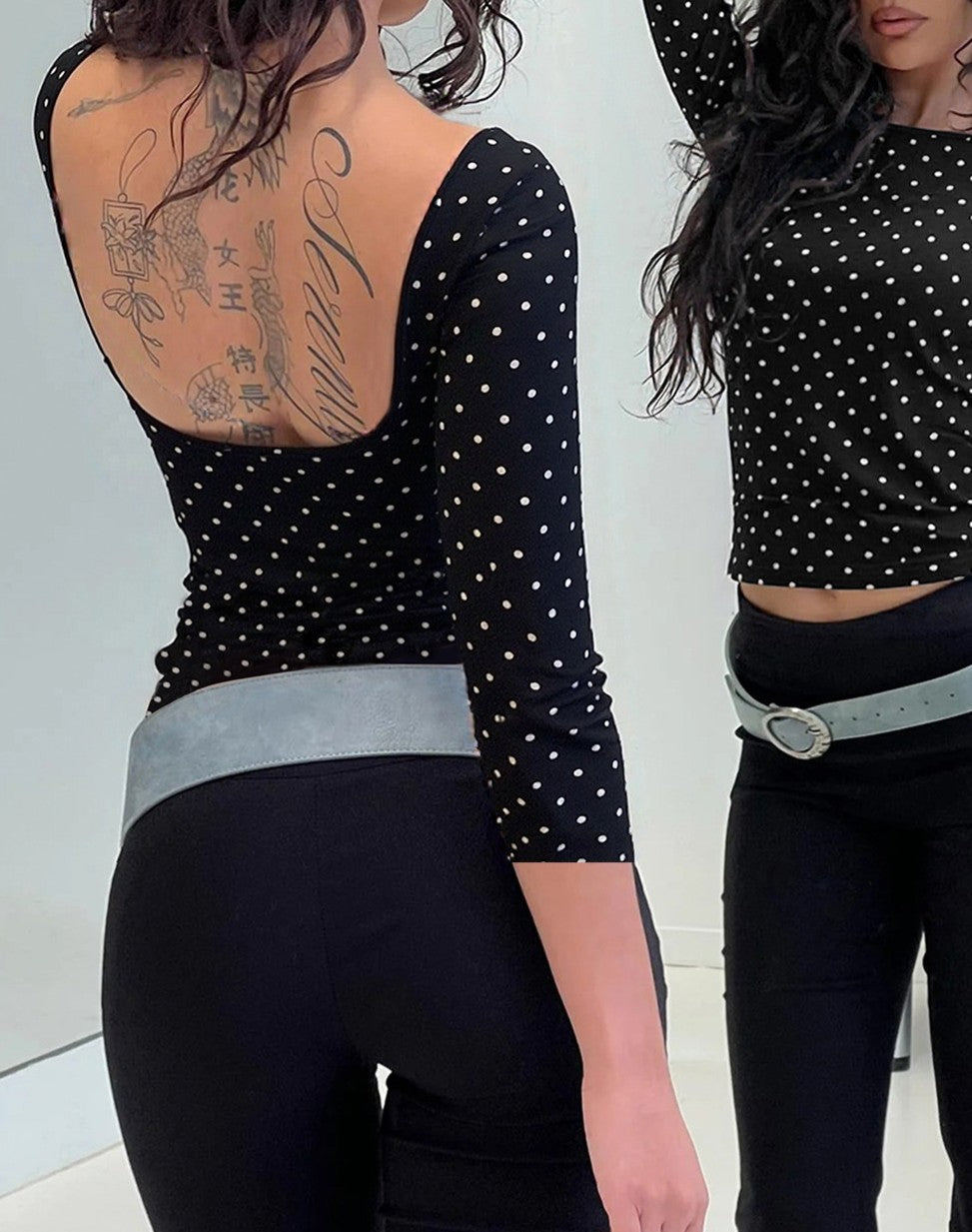 Polka Dot Open Back Long Sleeve Blouse - view 1
