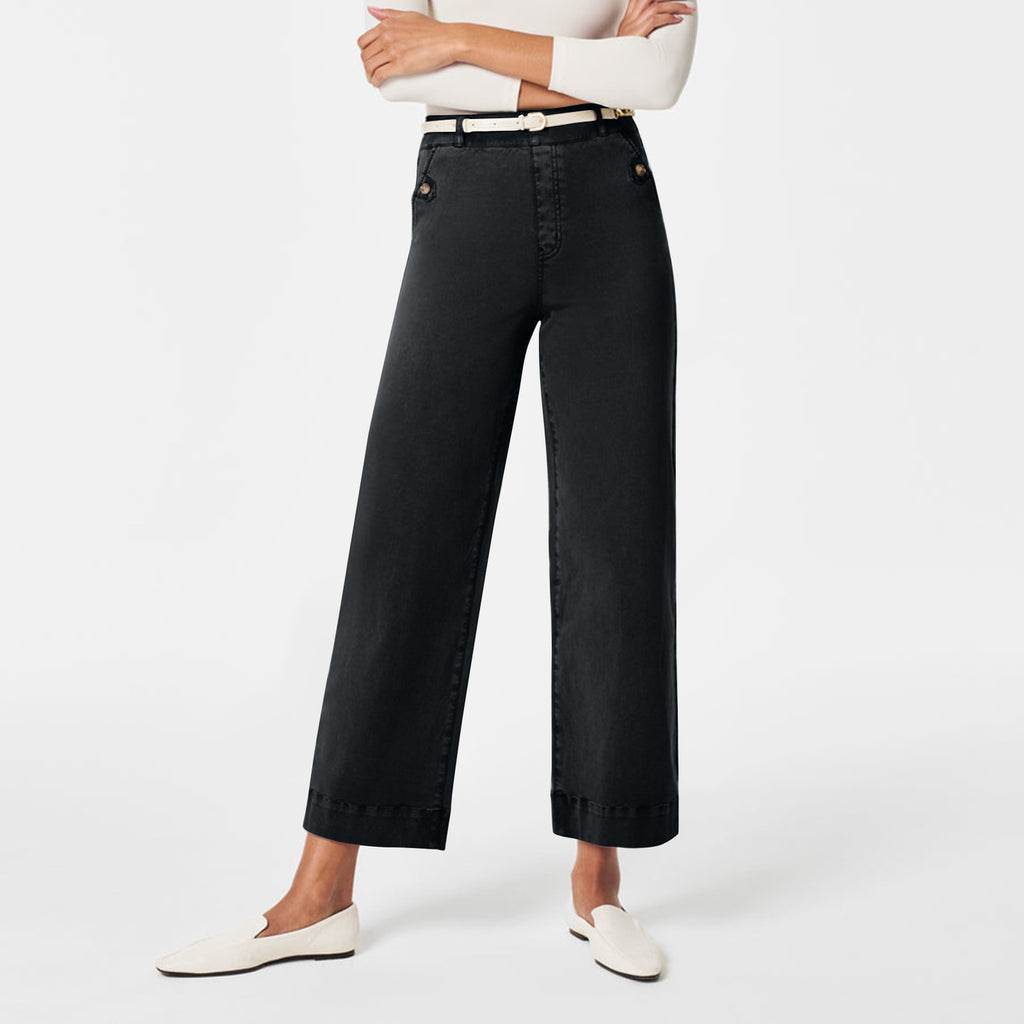 Wide Straight Leg Cotton Jeans Cuffed Hem - Black