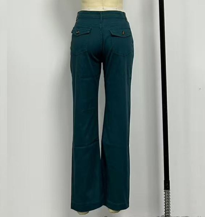 Wide Straight Leg Cotton Jeans Cuffed Hem - Blue - 2
