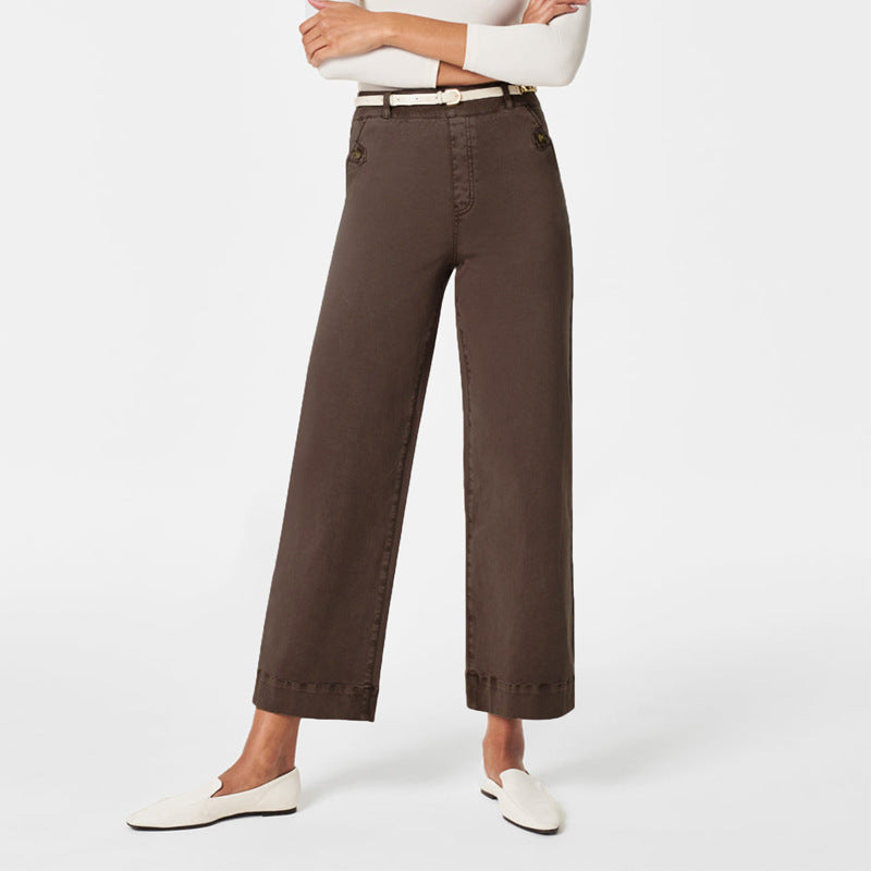 Wide Straight Leg Cotton Jeans Cuffed Hem - Coffee