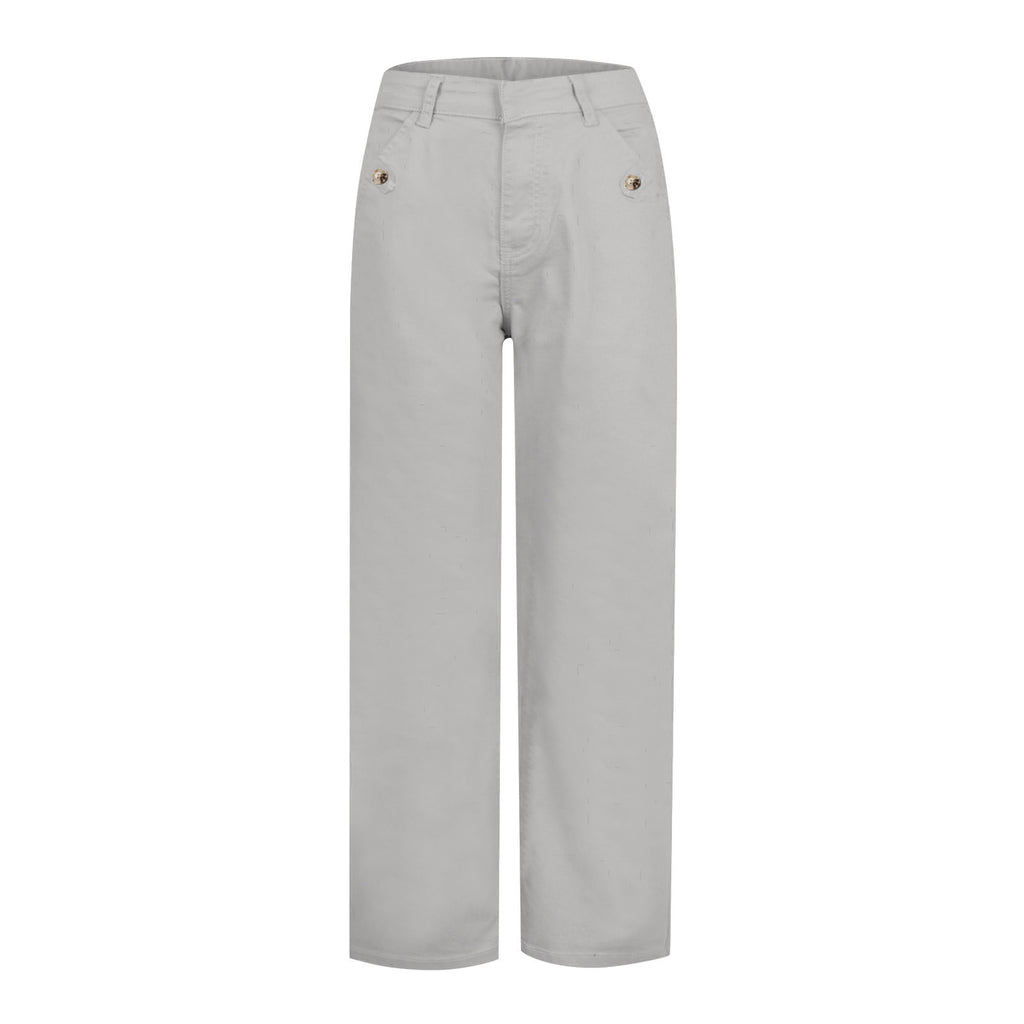 Wide Straight Leg Cotton Jeans Cuffed Hem - Gray