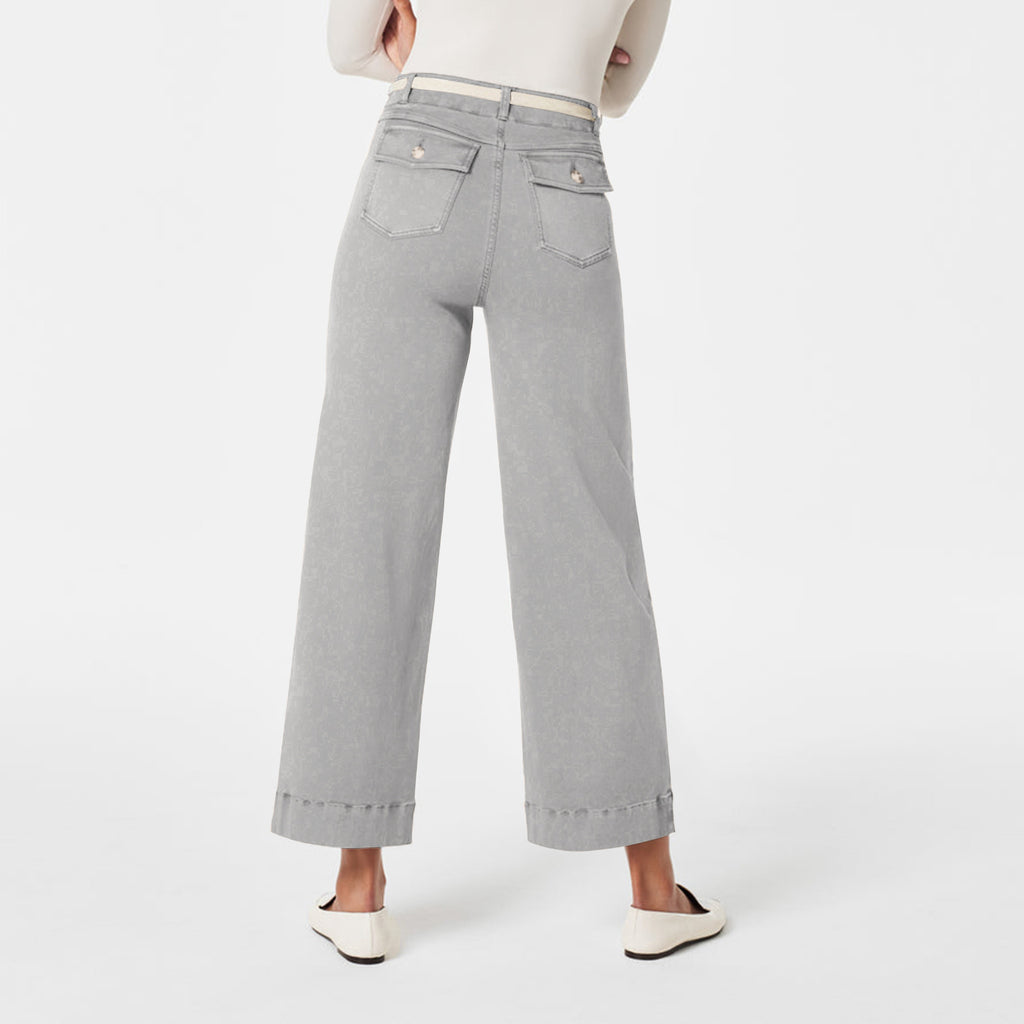 Wide Straight Leg Cotton Jeans Cuffed Hem - Gray - 1