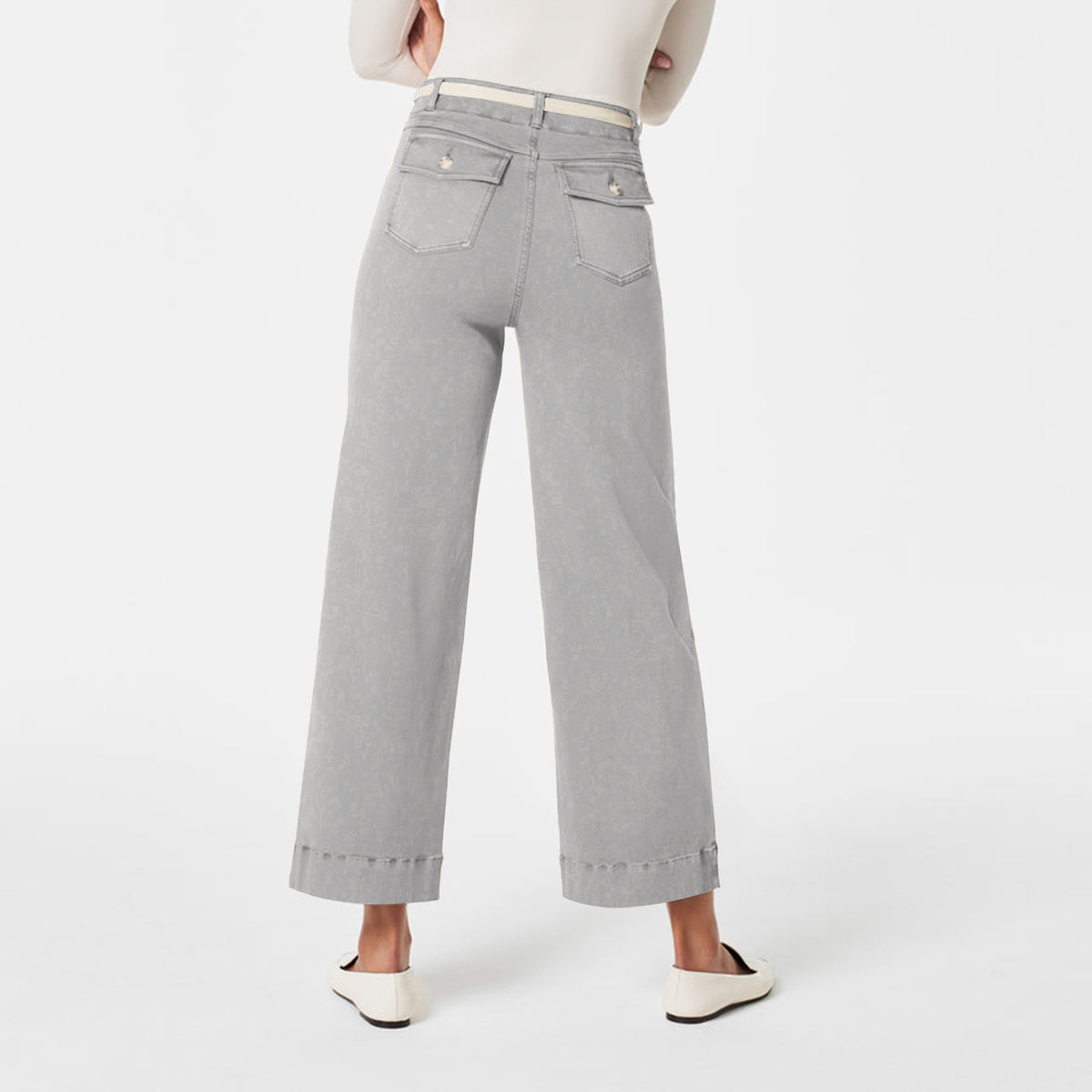 Wide Straight Leg Cotton Jeans Cuffed Hem - Gray - 1