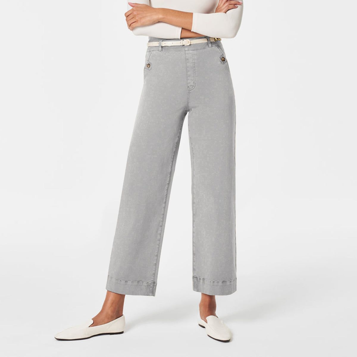 Wide Straight Leg Cotton Jeans Cuffed Hem - Gray - 2