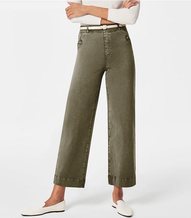 Wide Straight Leg Cotton Jeans Cuffed Hem - Green