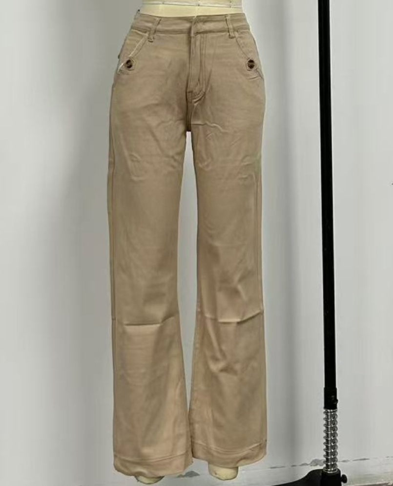 Wide Straight Leg Cotton Jeans Cuffed Hem - Khaki