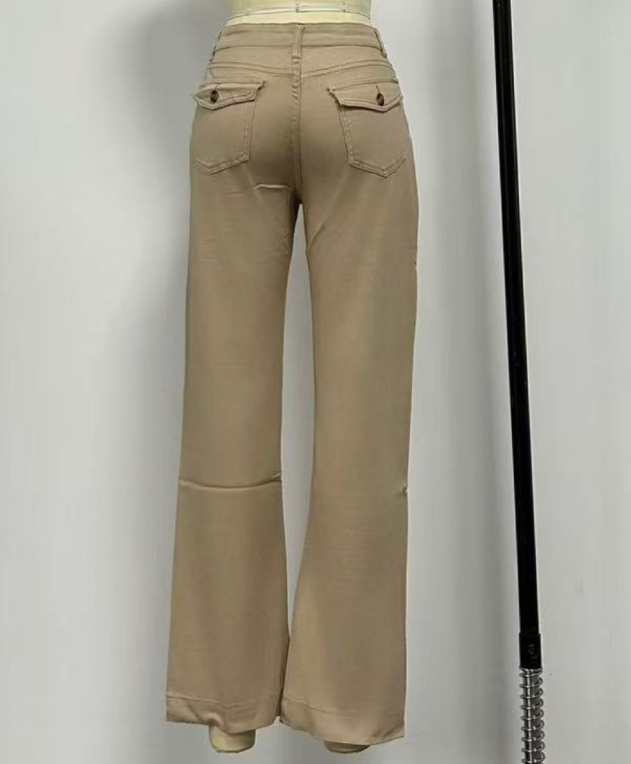 Wide Straight Leg Cotton Jeans Cuffed Hem - Khaki - 1