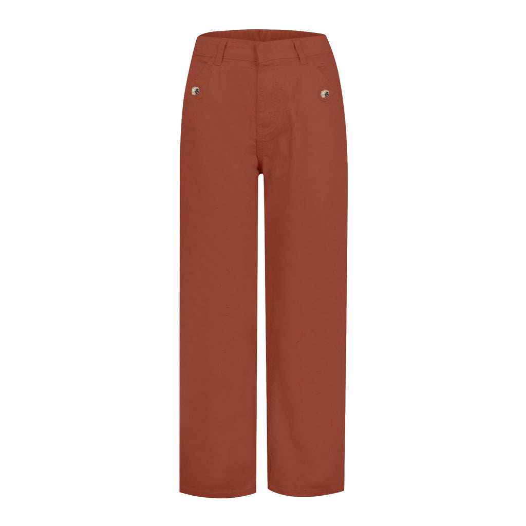 Wide Straight Leg Cotton Jeans Cuffed Hem - Orange