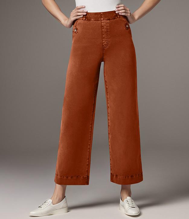 Wide Straight Leg Cotton Jeans Cuffed Hem - Orange - 2