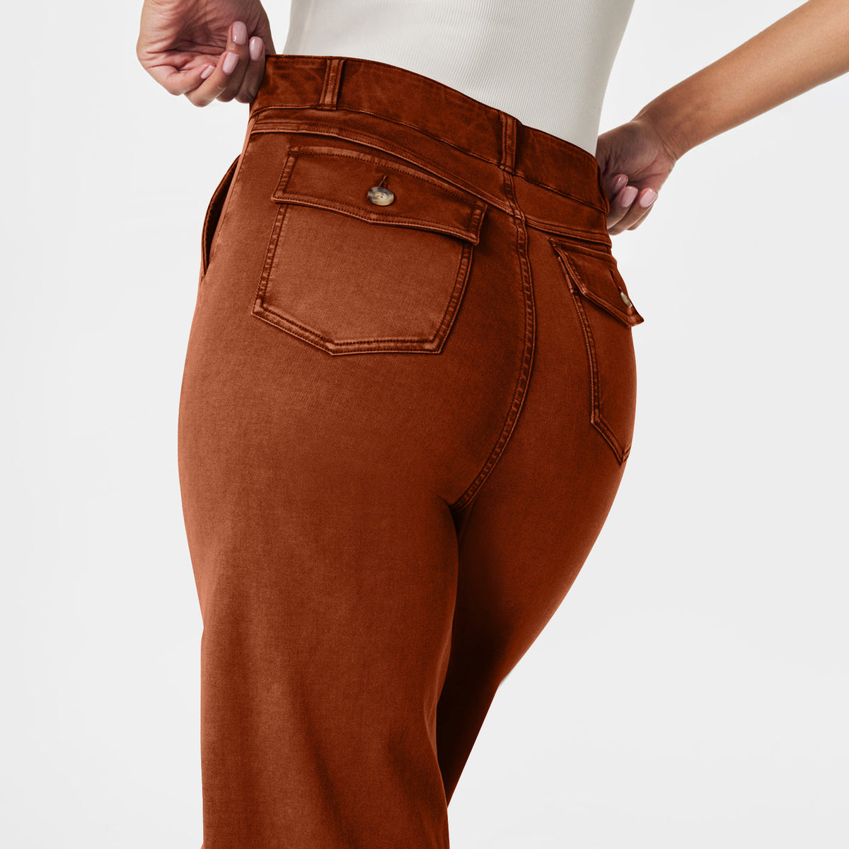 Wide Straight Leg Cotton Jeans Cuffed Hem - Orange - 3