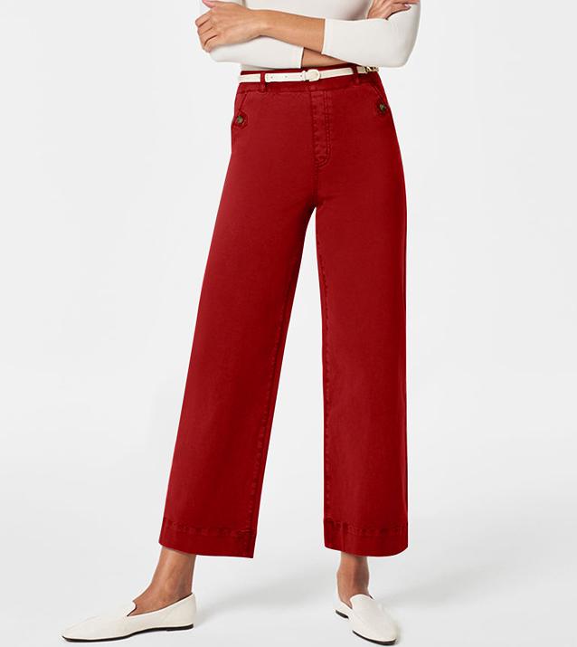 Wide Straight Leg Cotton Jeans Cuffed Hem - Red
