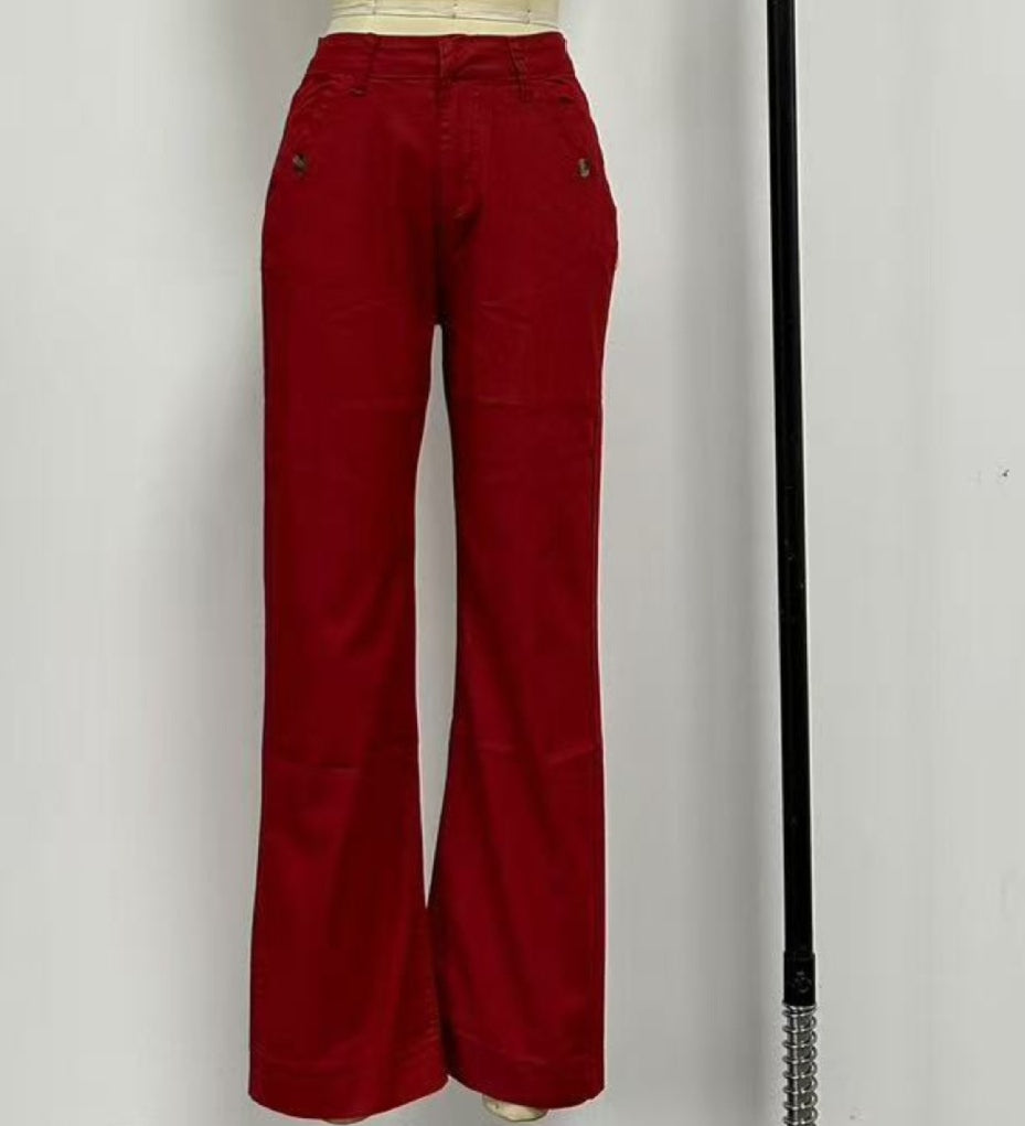 Wide Straight Leg Cotton Jeans Cuffed Hem - Red - 1