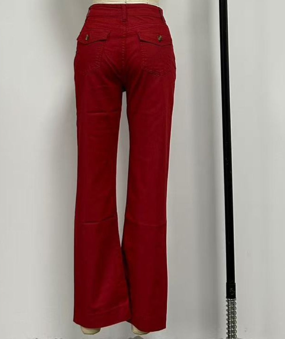 Wide Straight Leg Cotton Jeans Cuffed Hem - Red - 2