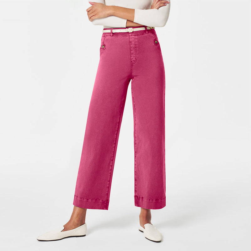 Wide Straight Leg Cotton Jeans Cuffed Hem - Rose_red