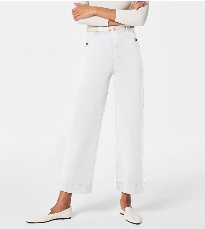 Wide Straight Leg Cotton Jeans Cuffed Hem - White
