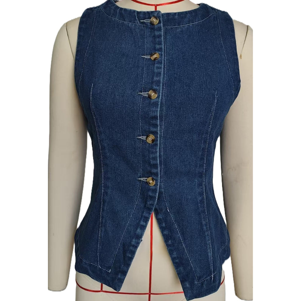 Button Front Denim Vest With Split Hem - DarkBlue