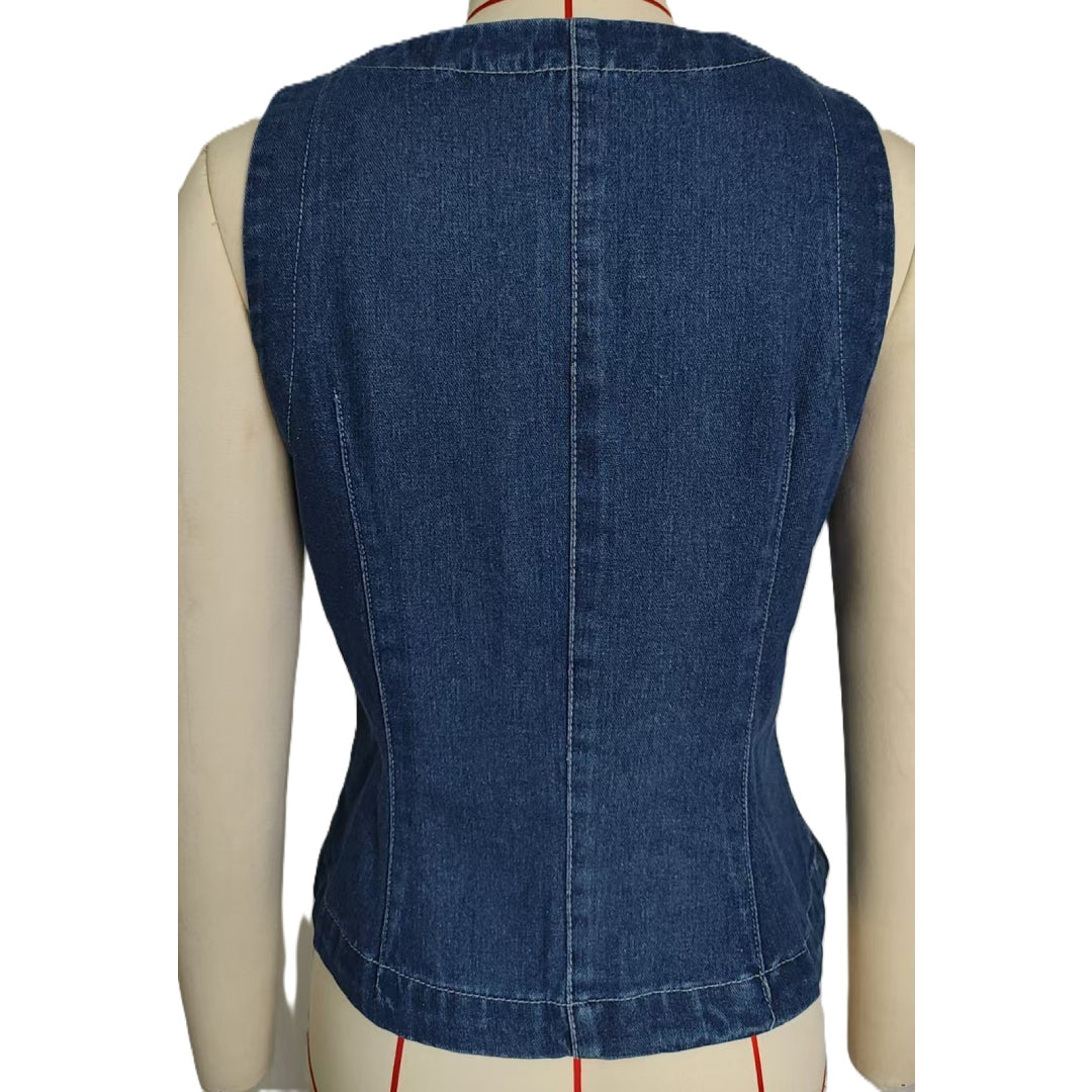 Button Front Denim Vest With Split Hem - DarkBlue - 1