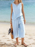 Woven Stripe Tank With Wide Cropped Trousers - Blue