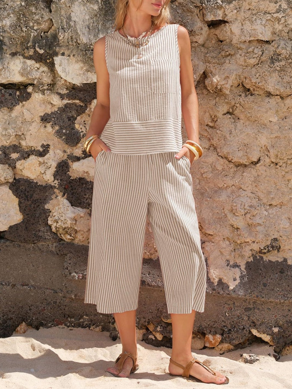 Woven Stripe Tank With Wide Cropped Trousers - Khaki