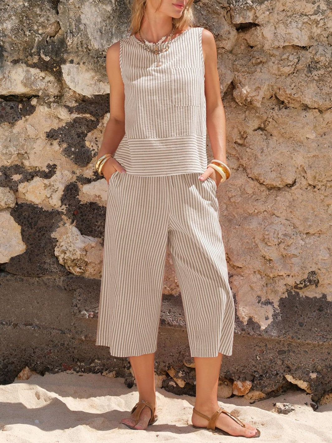 Woven Stripe Tank With Wide Cropped Trousers - Khaki