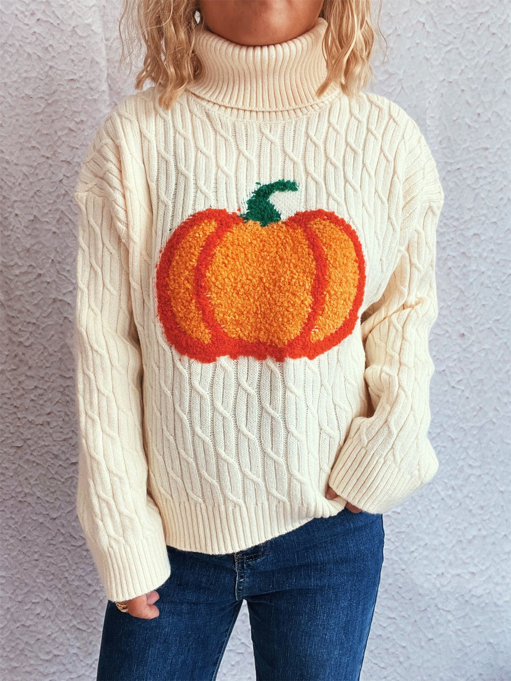 Pumpkin Patch Turtleneck Cable Knit Sweater - White