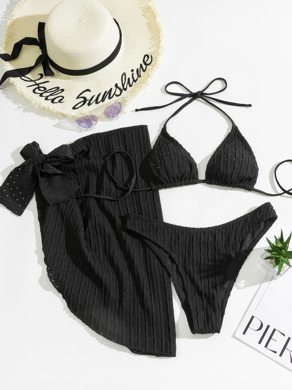 Crinkle Triangle Bikini and Sarong Set - Black - 1