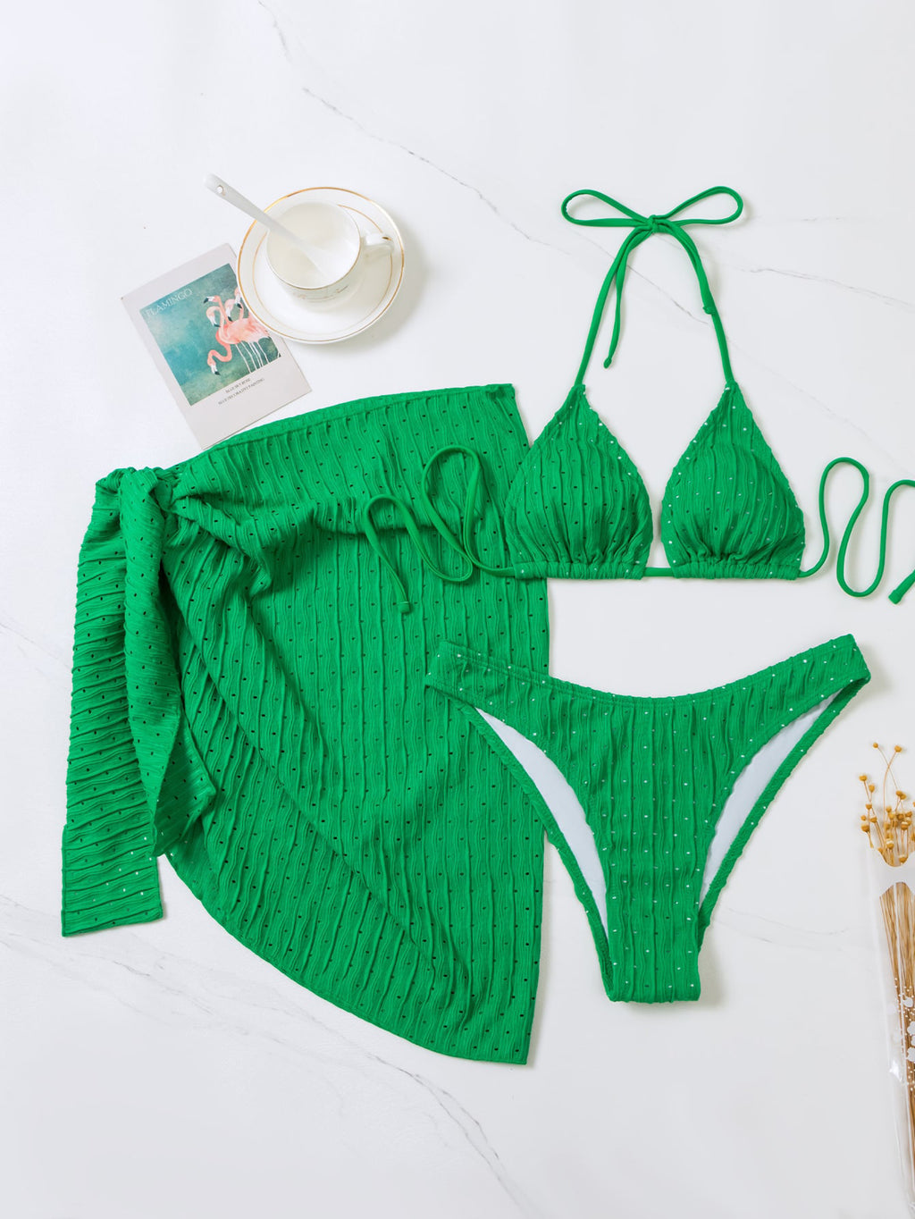 Crinkle Triangle Bikini and Sarong Set - Green - 1