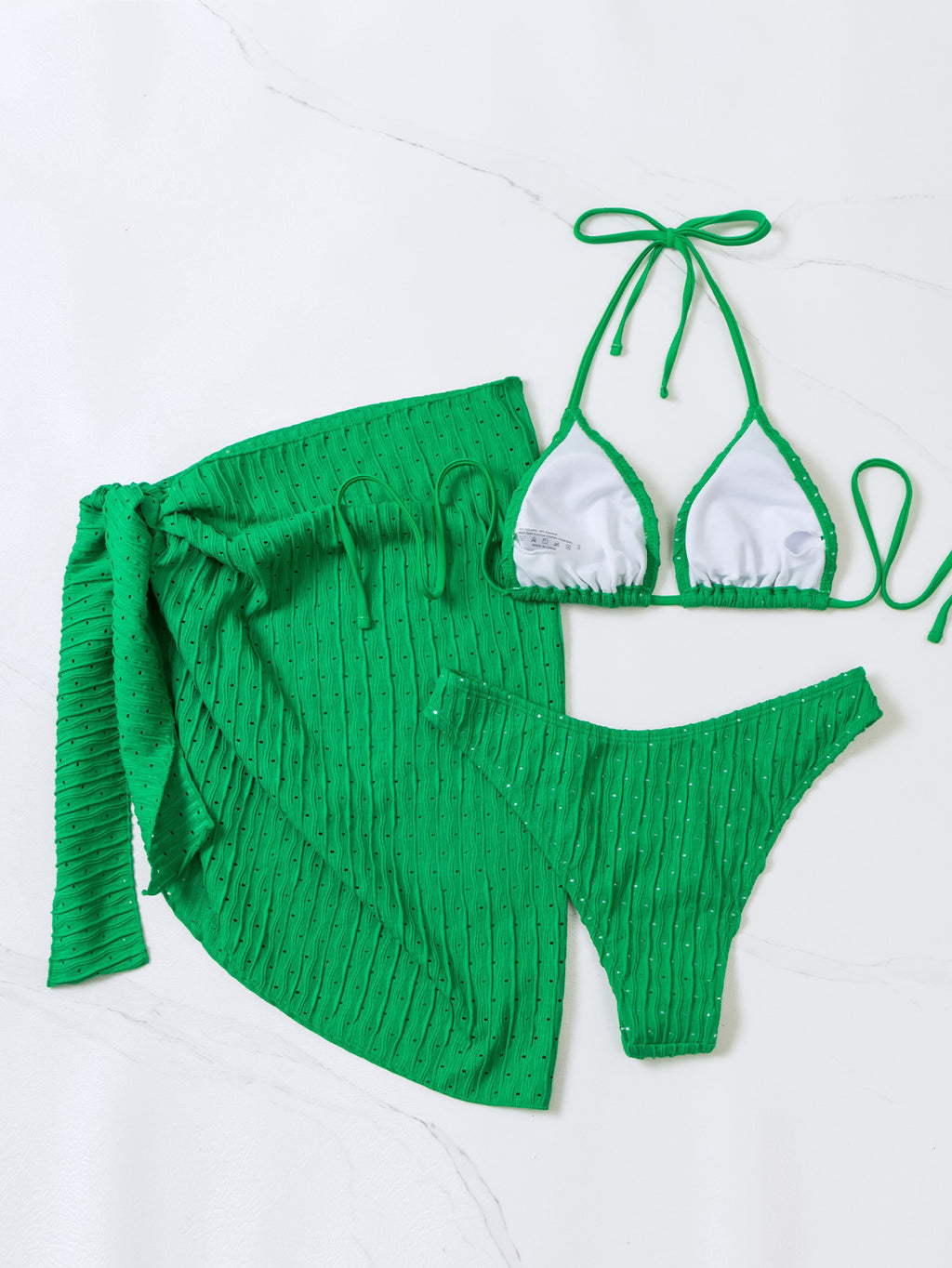 Crinkle Triangle Bikini and Sarong Set - Green - 2