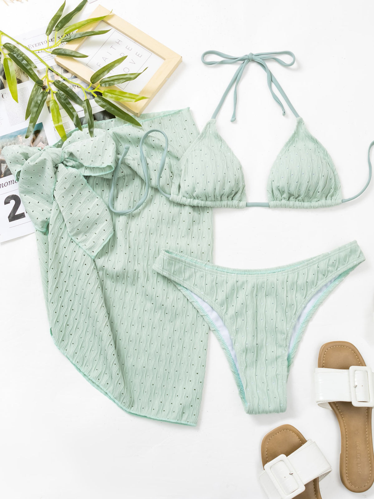 Crinkle Triangle Bikini and Sarong Set - Mint - 2