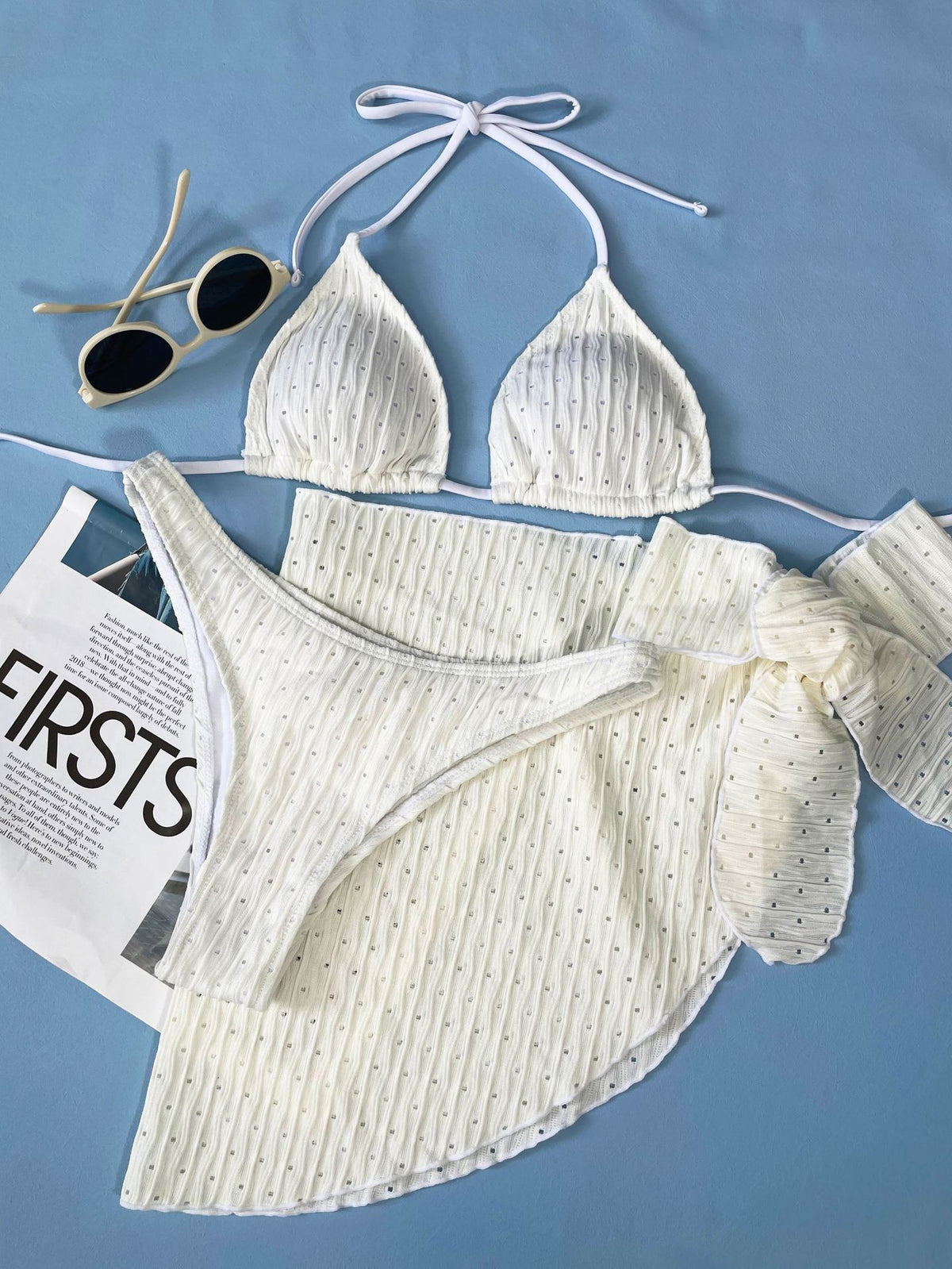 Crinkle Triangle Bikini and Sarong Set - White - 1