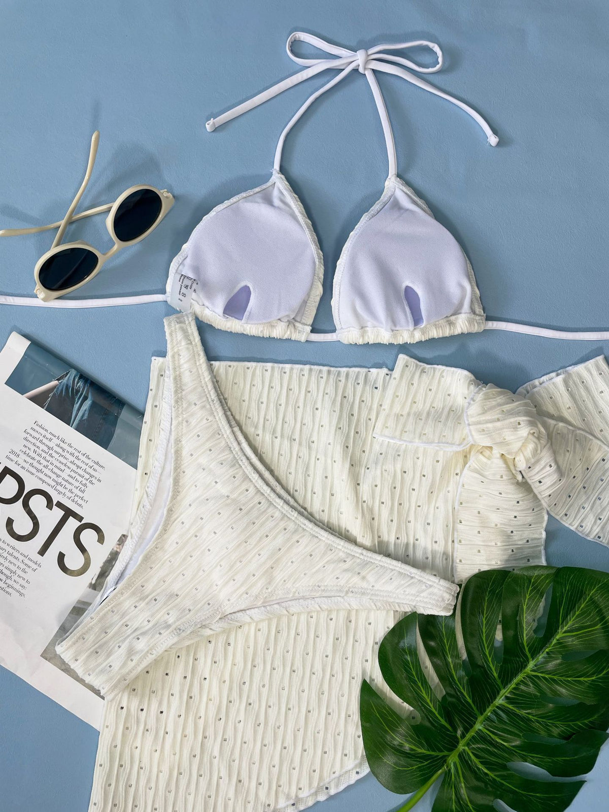 Crinkle Triangle Bikini and Sarong Set - White - 2