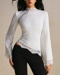 Asymmetric Lace Trim Mock Neck Tee With Bell Sleeves - White
