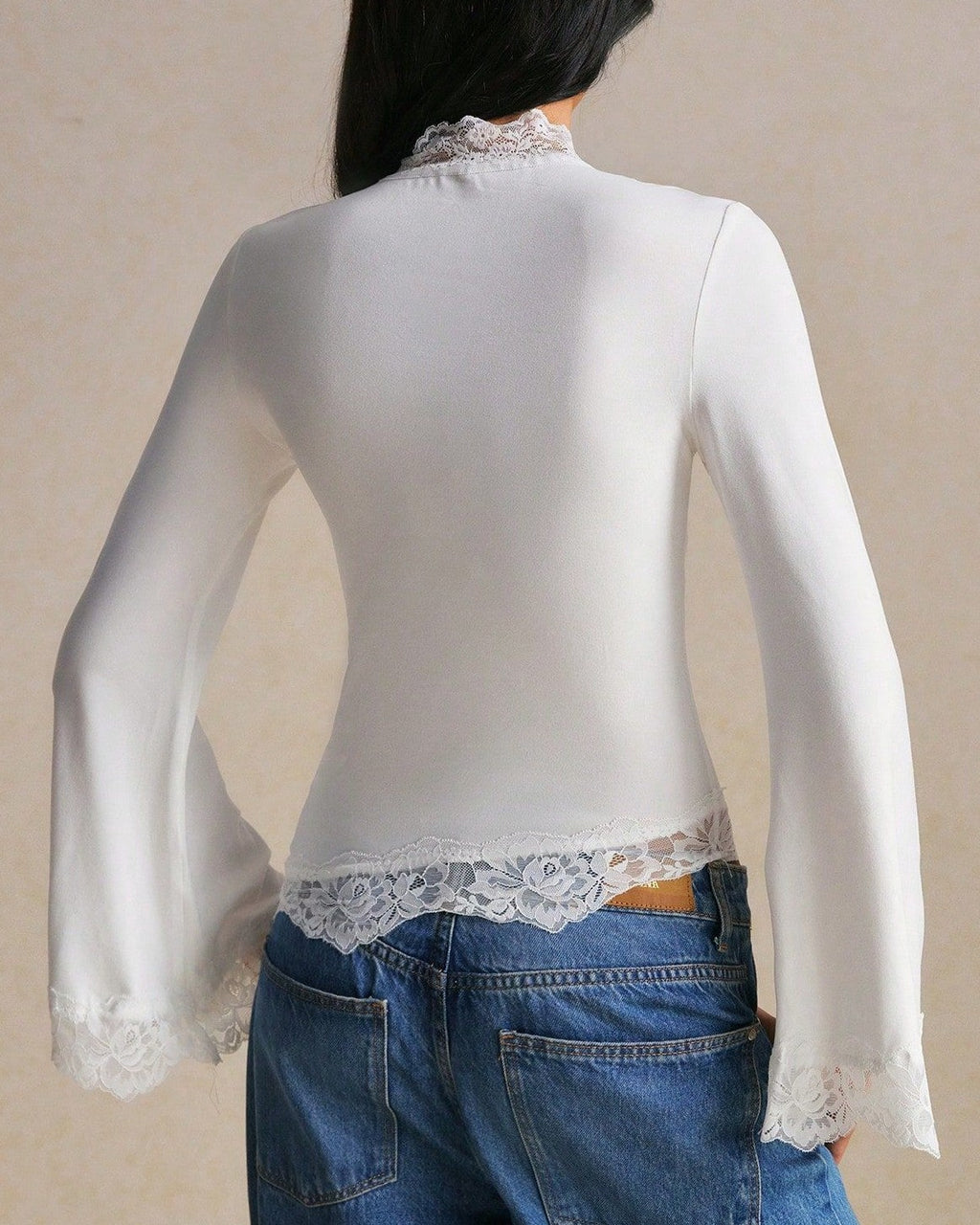 Asymmetric Lace Trim Mock Neck Tee With Bell Sleeves - White - 2