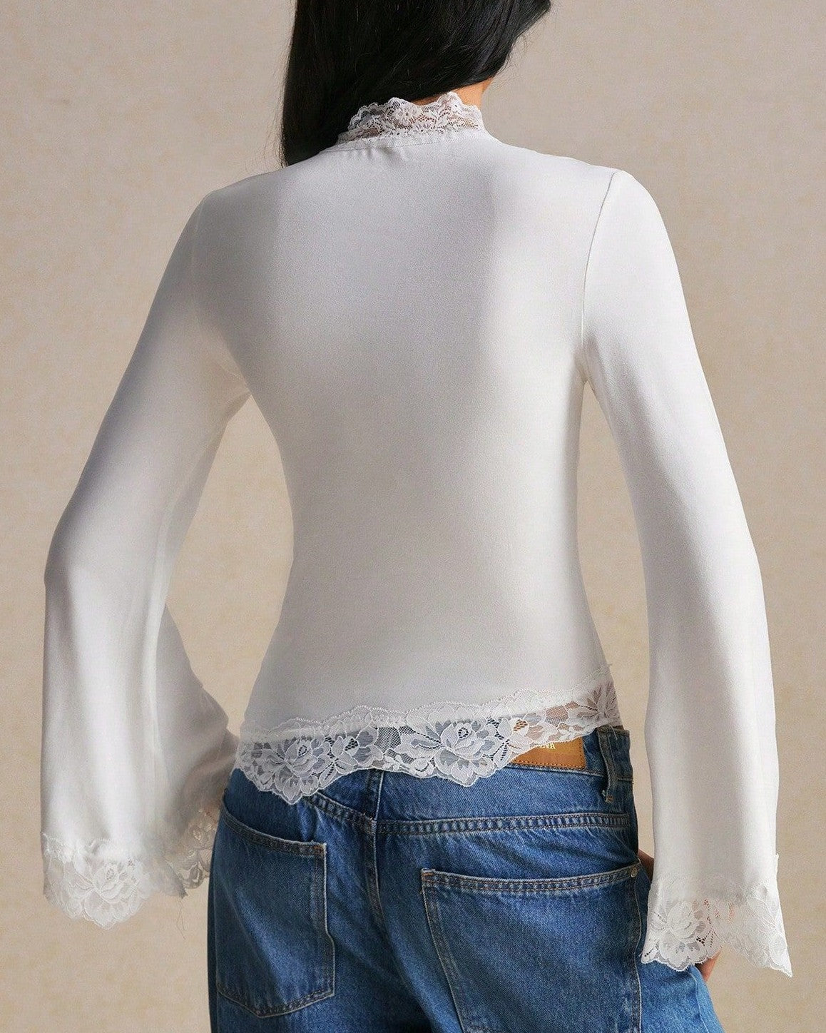 Asymmetric Lace Trim Mock Neck Tee With Bell Sleeves - White - 2