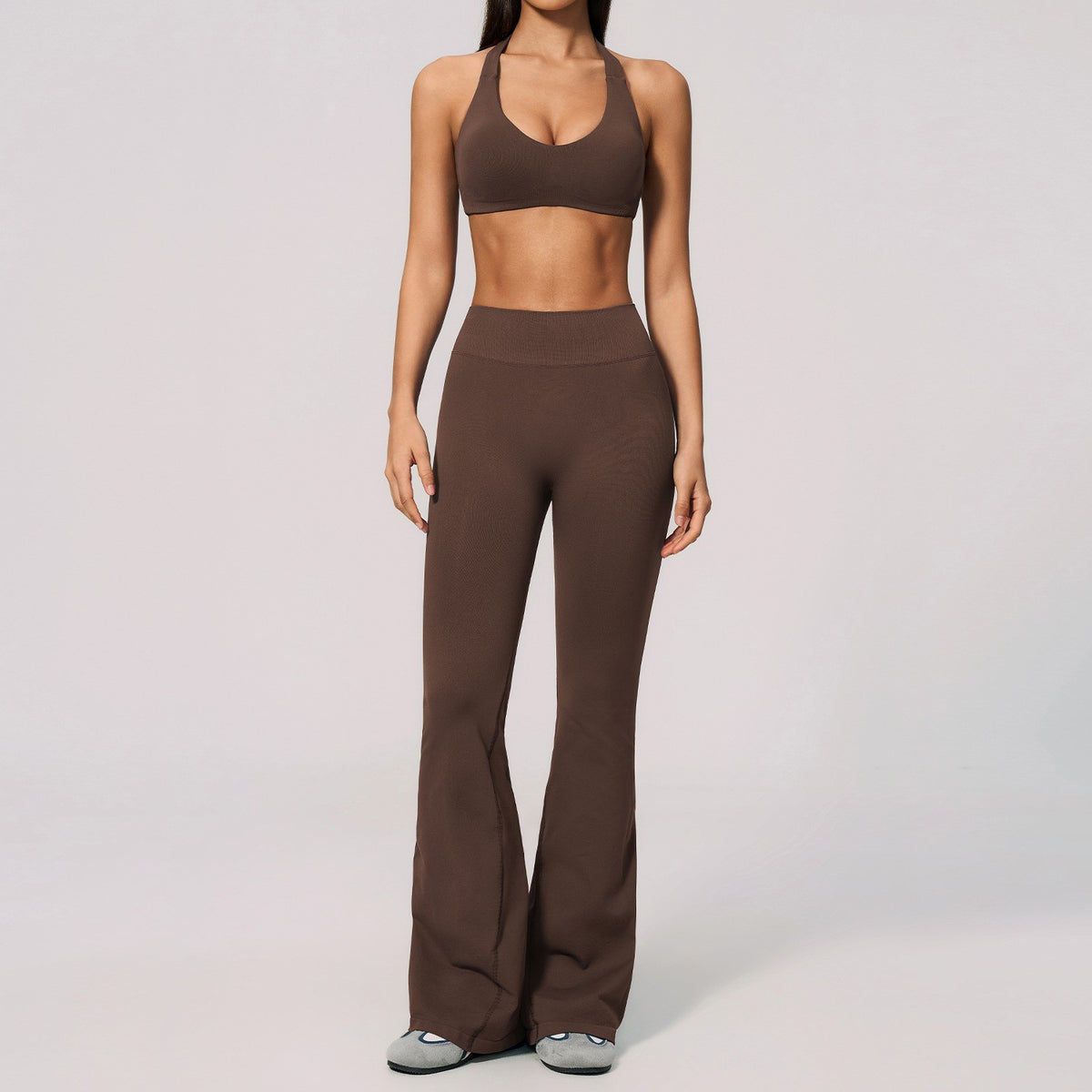 Seamless Halter Bra and High Waist Flare Yoga Set - Chestnut