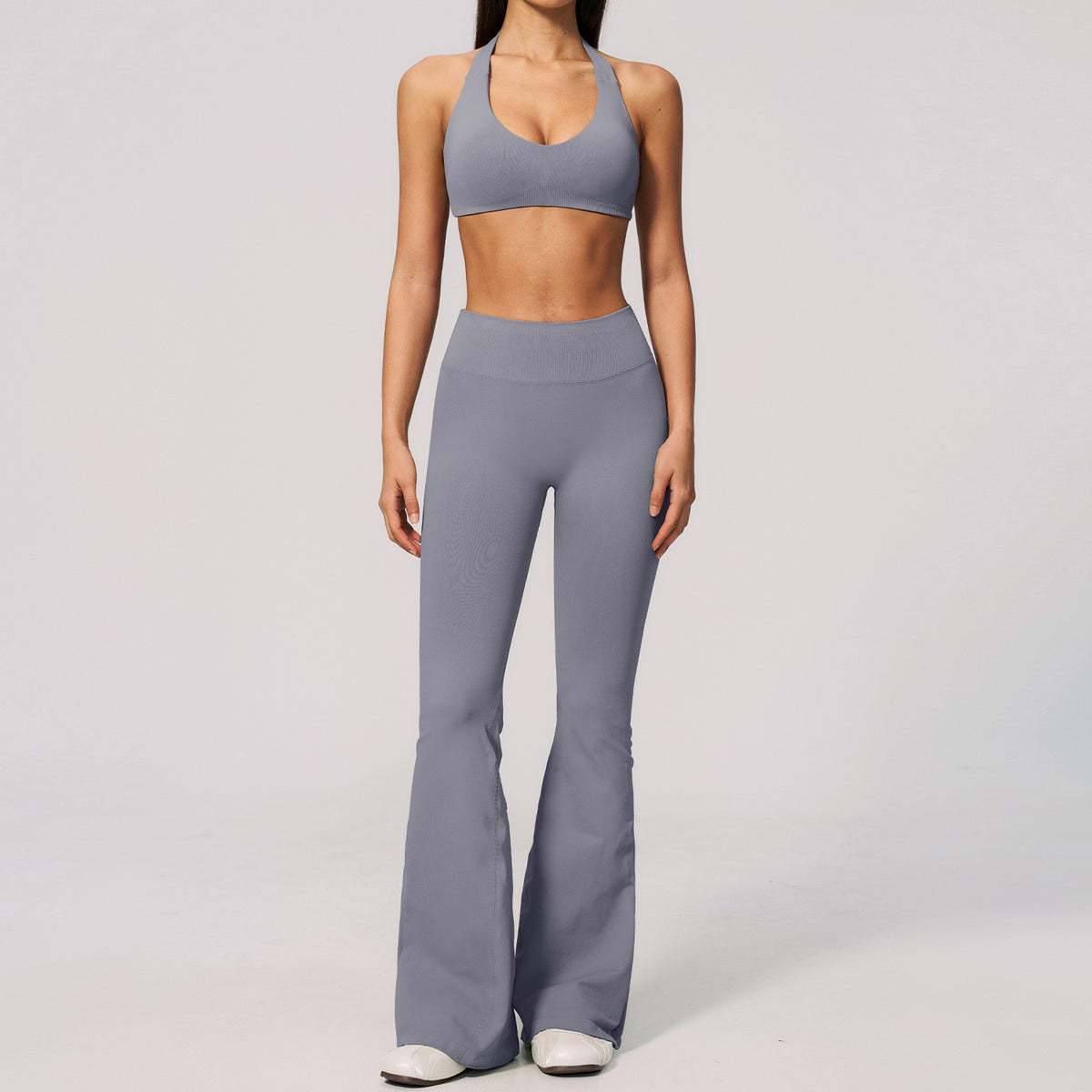 Seamless Halter Bra and High Waist Flare Yoga Set - Smoke Blue